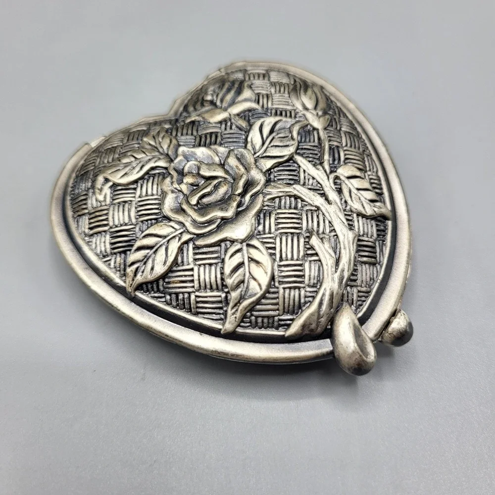 Vintage Compact Mirror Womens Heart Rose Embossed Basketweave Silver Tone